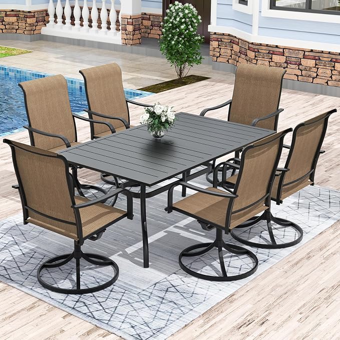 Anmutig 7 Pieces Outdoor Patio Dining Set for 6 Patio Dining Swivel Chairs Textilene & 1 Rectangle Outdoor Dining Table with 1.57" Umbrella Hole for Backyard Bistro Outdoor Furniture Brown