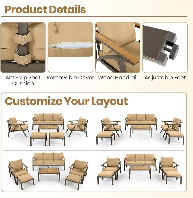 6-Piece Outdoor Patio Furniture Set,Steel Frame Sofa Set with 3-Seat Couch, 2 Armchairs,2 Ottomans & Acacia Wood Coffee Table, Cushioned Seating for Backyard, Garden,Poolside (Brown#56)
