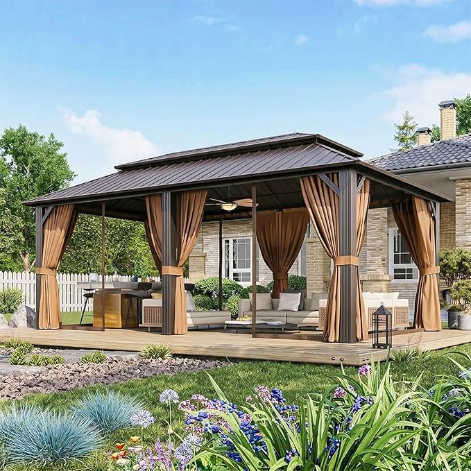 Aoxun 12’x20’ Hardtop Gazebo, Permanent Metal Pavilion with Galvanized Steel Double Roof, Outdoor Pregola with Nettings and Curtains for Lawn, Garden, Patio (Brown)