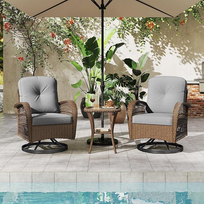 HAPPYGRILL 3 Pieces Outdoor Rattan Swivel Rocker Chairs Set with Tempered Glass Side Table, Outside Sectional Patio Conversation Furniture Set with Swivel Rocking Chairs for Deck Porch Garden (Grey)