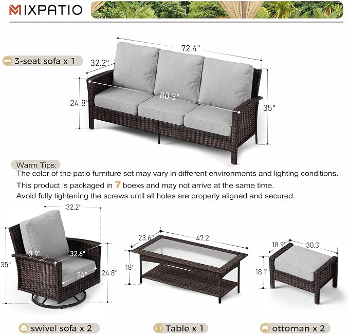 MIXPATIO 6-Piece Wicker Patio Furniture Set with Swivel Chairs, High Back Outdoor Furniture with 5.5-inch Thick Cushion and Ottoman, All-Weather Wicker Patio Conversation Set for Deck Yard Pool, Grey