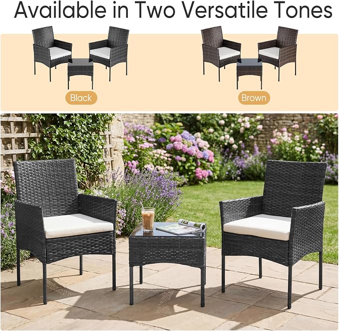NEWBULIG 3-Piece Patio Furniture Set, Weather-Resistant Outdoor Wicker Furniture with Washable Cushion & Tempered Glass Tabletop, Durable Outdoor Seating for Balcony, Porch, Deck Black