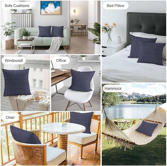 Vandarllin Outdoor Throw Pillows Covers 16x16 inch Set of 2 Waterproof Navy Blue Stripes Decorative Zippered Cushion Covers for Patio Furniture, Modern Art Lines Lumbar Pillowcases