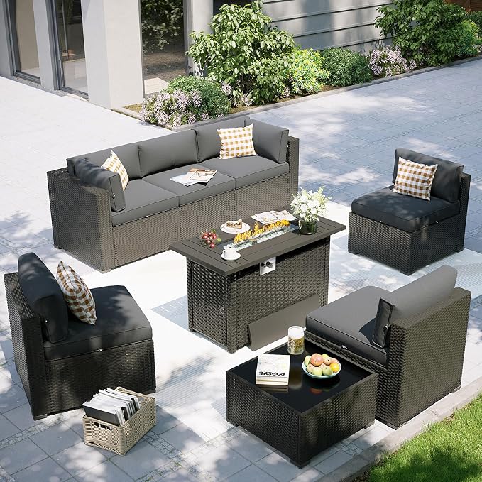 Aoxun Patio Furniture Set with Fire Pit Table, 8 Piece Outdoor Sectional Set, Wicker Rattan Outdoor Furniture with Thickened Cushion for Backyard, Garden Black