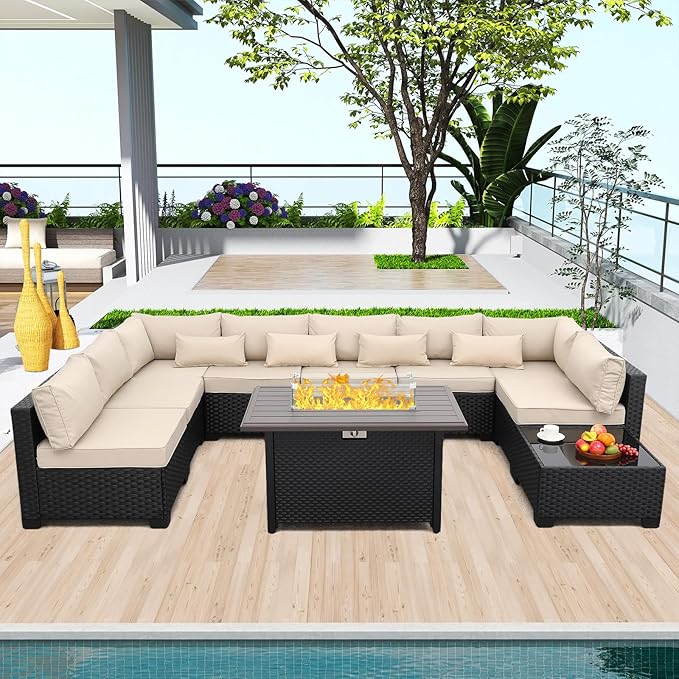 Rattaner 10 Pieces Outdoor Sectional All-Weather Wicker Patio Furniture Set Patio Sectional and Steel Fire Table and Glass Patio Table Non-Slip Cushions and Waterproof Covers, Khaki