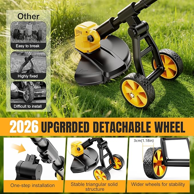 Cordless String Trimmer for Dewalt 20v Battery Powered(No Battery),3-in-1 Cordless Grass Trimmer Electric Weed Wacker Lawn Edger, Weed Eater Cordless Weed Trimmer with Wheel & 8 Spool (Yellow)