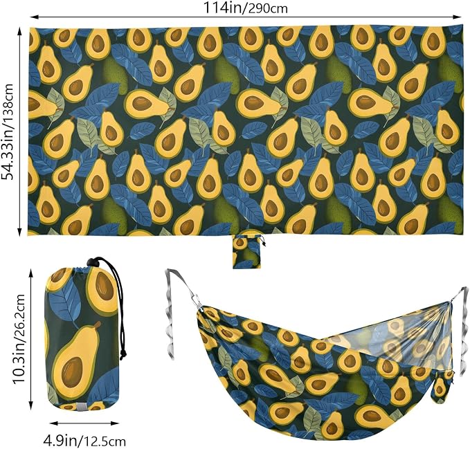 Camping Hammock Outdoor Hammocks for Outside Avocado Blue Leaves Beach Trees Portable Lightweight with Pockets Tree Straps Indoor