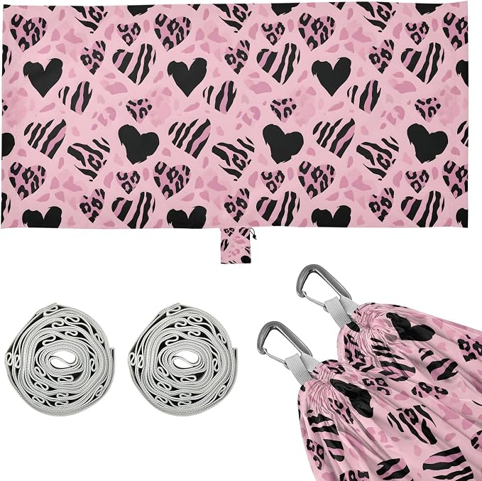 Camping Hammock Outdoor Hammocks for Outside Pink Heart-Shaped Leopard Beach Trees Portable Lightweight with Pockets Tree Straps Indoor