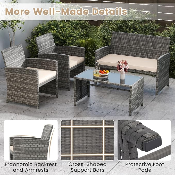 Tangkula 4 Piece Patio Wicker Furniture Set, Outdoor Heavy Duty Rattan Cushioned Chairs, Loveseat and Tempered Glass Coffee Table, for Backyard, Balcony, Poolside