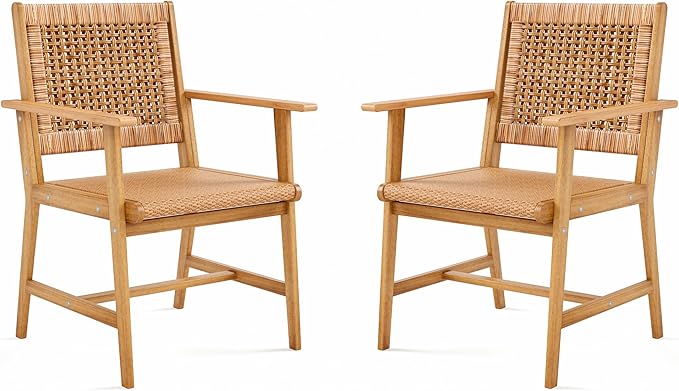 Sophia & William Patio Dining Chairs Outdoor 2 Pieces Hand Woven Wooden Rattan Armchair, Acacia Wood Outside Chair with Rattan Seat & Back for Porch Backyard Garden Balcony Set of 2