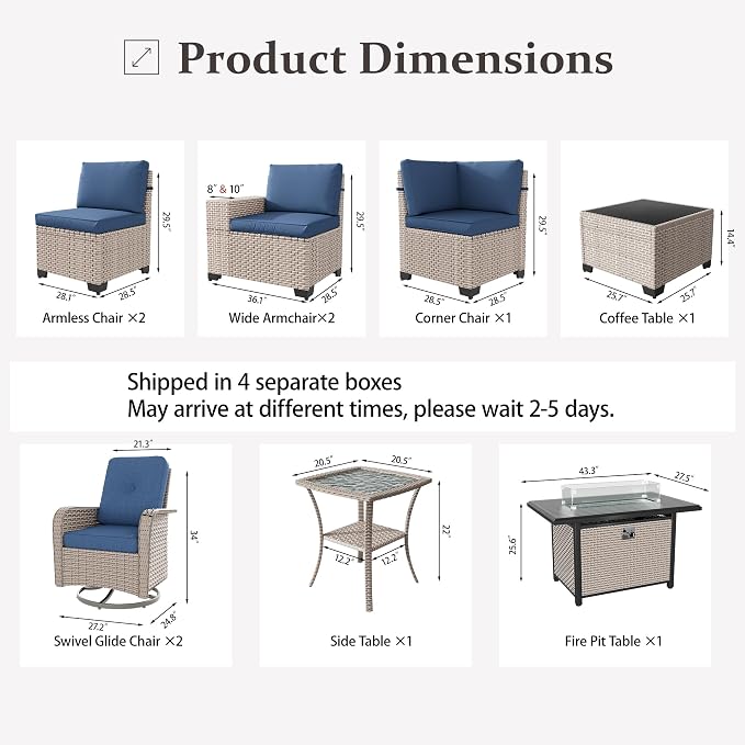 10 Pieces Patio Furniture Set with Fire Pit Table, Outdoor Sectional Wicker Sofa with Thick Cushions, High Back Swivel Rocker Patio Chairs, Rattan Conversation Set with Coffee Table, Navy