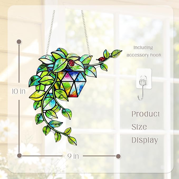 Plant Suncatcher Glass, Stained Glass Suncatcher Plant Window Hanging, Unique Nature Lover Gifts Leaf Idea