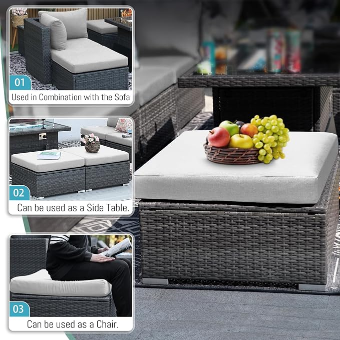 RADIATA 9 Piece Wicker Patio Furniture Set with Fire Pit, All-Weather Outdoor Sectional Couch High Back Large Size, Modular Backyard Seating Sofa Set with Propane/Natural Gas Firepit Table, Light Grey