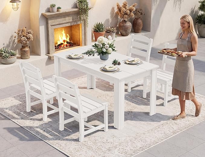 SERWALL Outdoor Dining Sets for 4, HDPE Dining Sets for 4 Person with 1 Umbrella Hole Cut-Out Rectangular Table and 4 Armless Chairs, Patio Dining Sets for Garden, Backyard, Poolside, White