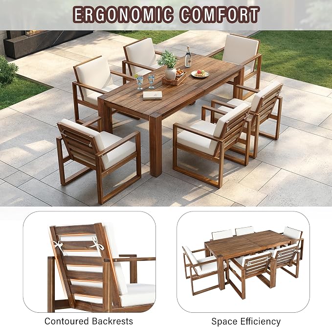 Rustic 7 Piece Patio Table and Chairs Set, Outdoor Dining Set for 6 with Umbrella Hole and Removable Cushion,for Garden Backyard Lawn Poolside (Mocha#X)