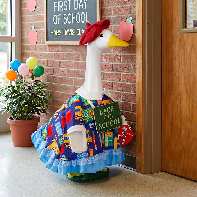 1 Set Back to School Porch Goose Outfit for 23 Inch Lawn Goose Statue | School-Themed Goose Clothes with Dress,Hat,Neck Sign,Apple Felt Sticker & Glue Dots for Patio,Yard,Classroom or Garden Decor