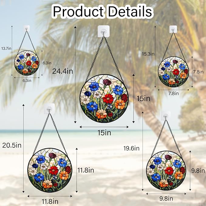 Stained Glass Suncatcher, Colorful Flowers Green Leaf Sun Catcher Landscape Stain Glass Window Hanging Decoration Mother's Day Birthday Gifts for Women Men Mom Nana 15 in