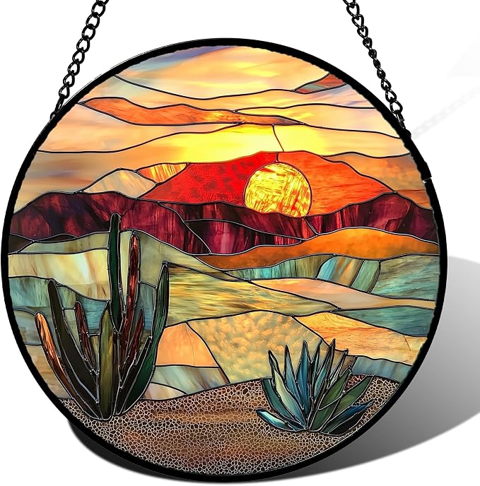 DASTOLL Stained Glass Window Hanging, Desert Scenery Lake Suncatcher for Doors Window Home Tan Tree Sun Catchers Decoration Mother's Day Birthday Gifts for Women, Men, and Mom 6.3 in