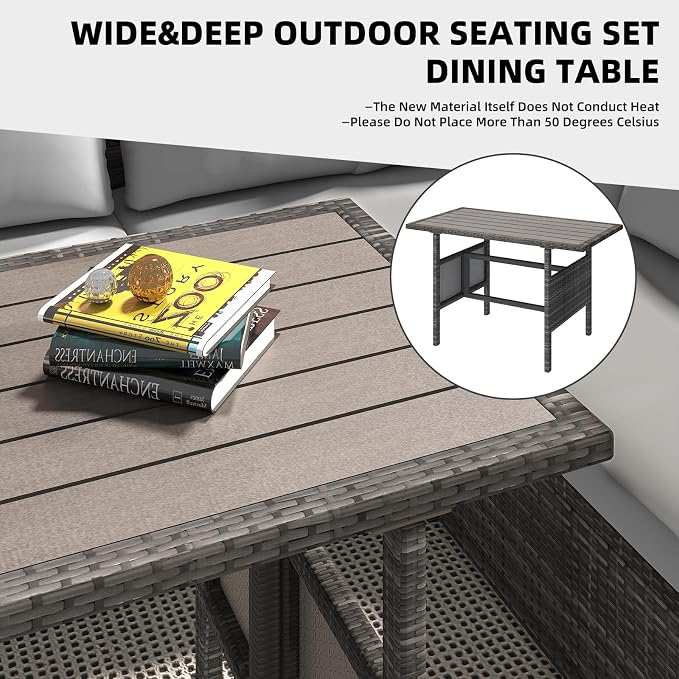 AECOJOY Outdoor Patio Furniture Set, 7 Pieces Clearance Sectional Rattan Dining Table&Chairs, All Weather Wicker Conversation Sofa Couch with Ottoman, Grey Cushions&Grey Rattan