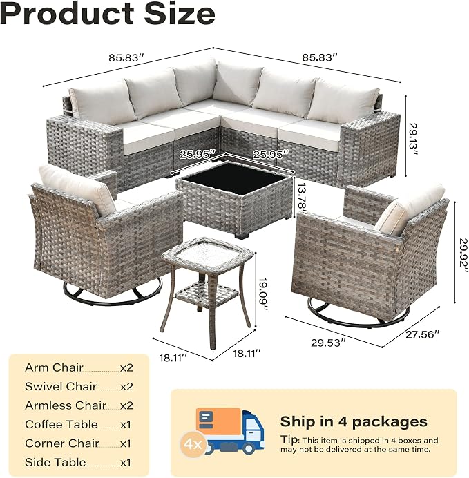 9 Pieces Patio Furniture Set, Wicker Outdoor Sectional Sofa with Swivel Chair Comfy Cushions, Modern Modular Deep Seat Rattan Couch Conversation Set for Backyard Porch Yard,Beige