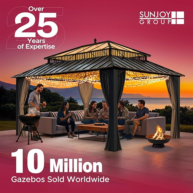 SUNJOY 12 x 20 ft. Wood Gazebo, Outdoor Patio Cedar Framed Wooden Hardtop Gazebo with 2-Tier Metal Roof, Suitable for Patios, Lawn, and Backyard, Dark Brown Roof + Dark Wood Frame