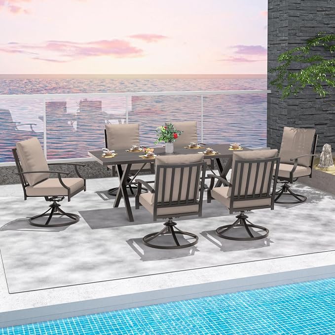 7-Piece Patio Dining Set Outdoor Conversation Set,Metal Outdoor Furniture Set with Umbrella Hole Cut-Out 78.7" x 35.4" Table and 6 Metal Backrest Swivel Chairs for Backyard,Garden,Sand