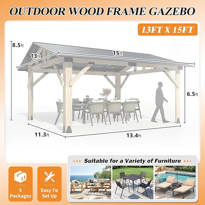 COVERONICS 13’x15’ Outdoor Hardtop Wood Gazebo - Patio Gazebo with Galvanized Steel Roof, Cedar Wooden Carport Gazebos for Garden, Porch, Patio and Deck