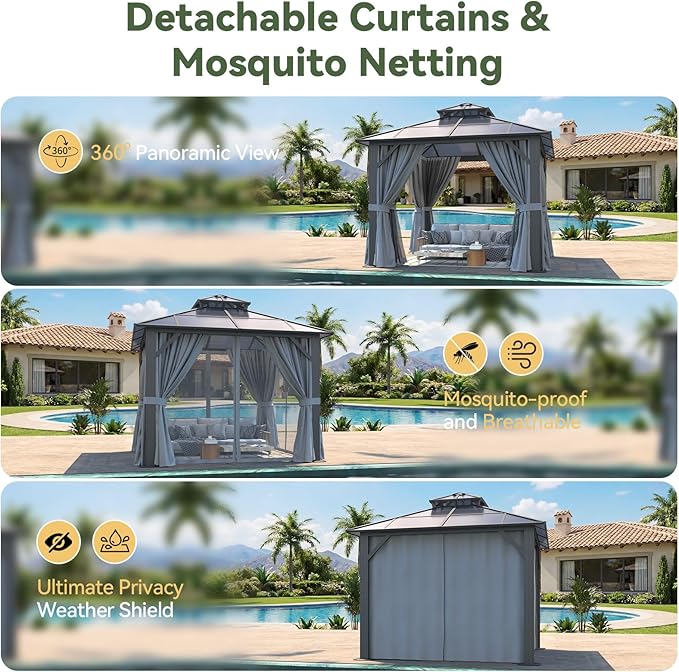 10’x10’ Hardtop Gazebo with Double Polycarbonate Roof Outdoor Metal Gazebo Sturdy Aluminum Frame & Removable Curtains, Netting Permanent Pavilion Pergola for Garden,Patio,Lawn (Gray)