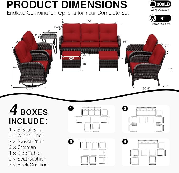 Joyside Wicker Patio Furniture Set, 8 Piece Outdoor Furniture Set with Thickened Cushions, High Back, Deep Seating, Wide Armrest, Outdoor Swivel Rocker Chairs for Porch, Deck