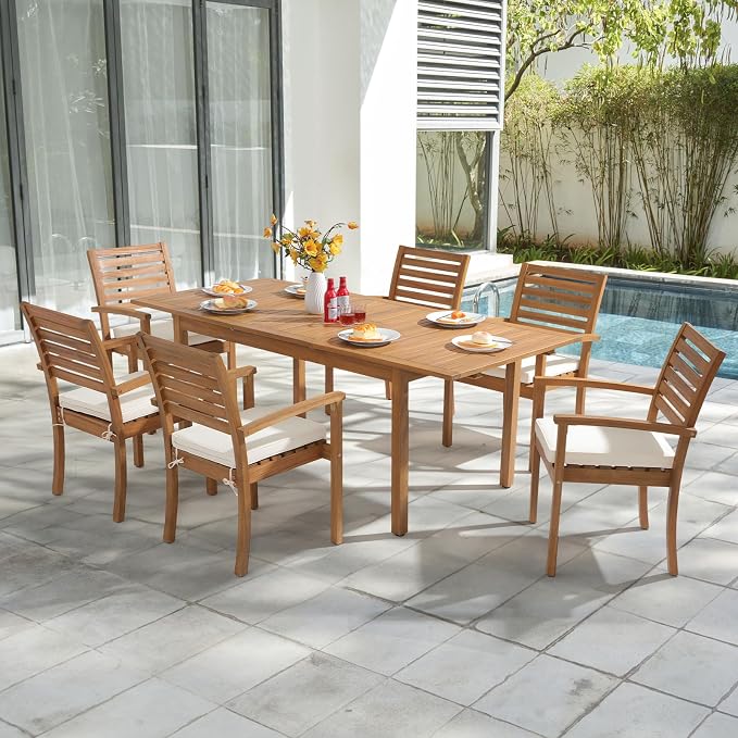 OC Orange-Casual 7 Piece Patio Dining Set, Outdoor Acacia Wood Furniture Set, Extendable Rectangular Table and 6 Stackable Chairs w/Removeable Fabric Cushion, White Cushion