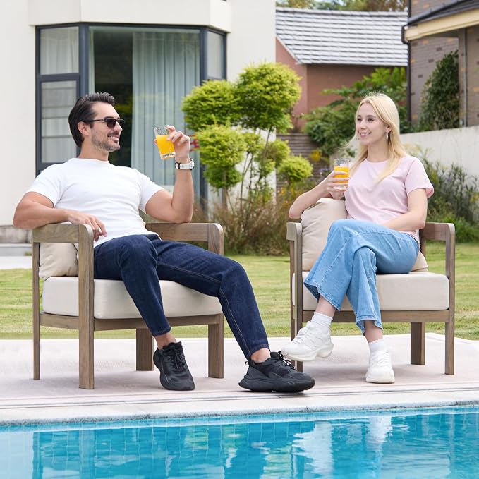Outdoor Furniture Set, 2Pcs Patio Armchairs, Metal Modern Outside Furniture with 6'' Thick Cushions, Outdoor Conversation Set Balcony Chairs for Backyard, Porch,Deck, Beige