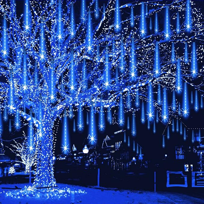 Weepong Christmas Lights Outdoor 32 Tubes 768LEDs Meteor Shower Lights Blue | UL Certified Snow Falling Rain Drop Icicle String Light for Xmas Tree Halloween Decorations Wedding Party Garden Decor