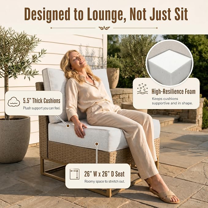 12-Piece Outdoor Patio Furniture Set, Modern PE Wicker Outdoor Sectional Sofa with Storage Armrests & 5.5" Thick Cushions, L-Shaped Couch for Deck, Porch, Backyard, Ivory White