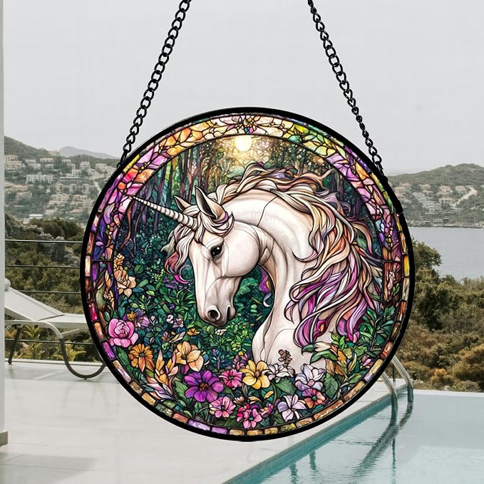 DASTOLL Stained Glass Window Hanging, Unicorn Flowers Suncatcher for Doors Home Sun Catchers Decoration and Christmas, Mother's Day Birthday Gifts for Women, Men, and Mom 14.9x14.9 in