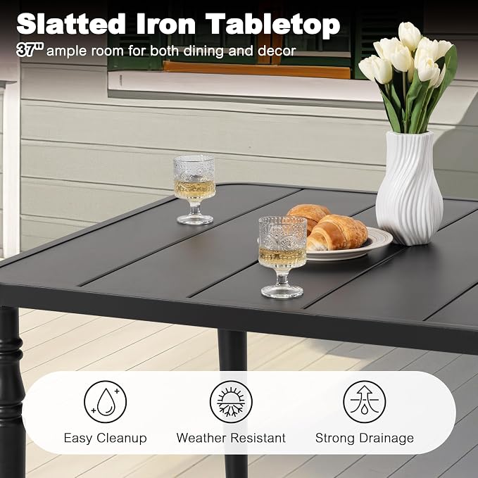 NUU GARDEN 5-Piece Metal Dining Set, 4 Stackable Wide Seat Chairs with 37" Square Table Umbrella Hole, All-Weather Patio Furniture for Backyard Balcony Poolside Lawn Garden,Black