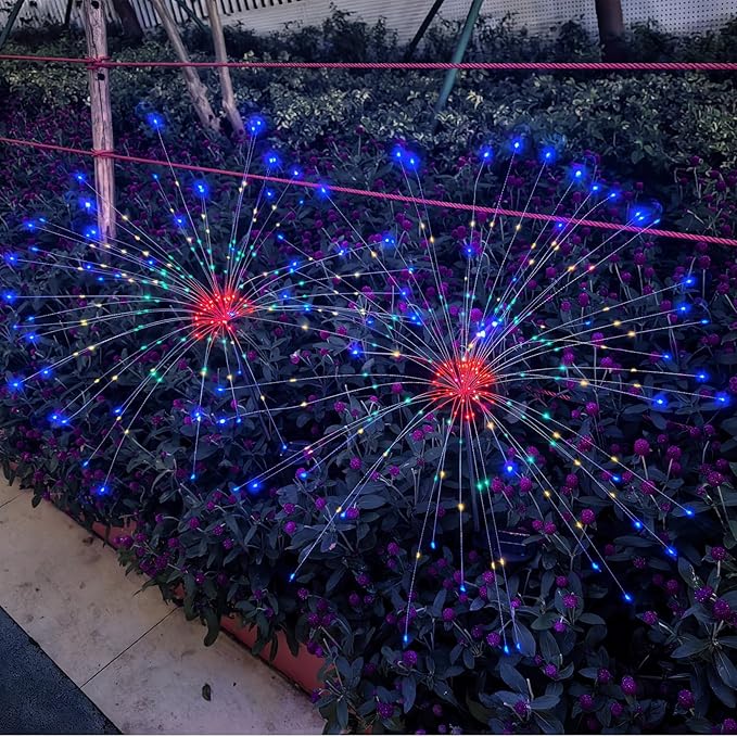 Solar Garden Firework Lights Outdoor Waterproof, 2 Pack 200 LED 8 Lighting Modes Sparklers Solar Twinkling Starburst Lights for Yard Flowerbed Pathway Fence Decorations, Multicolor, Copper Wire