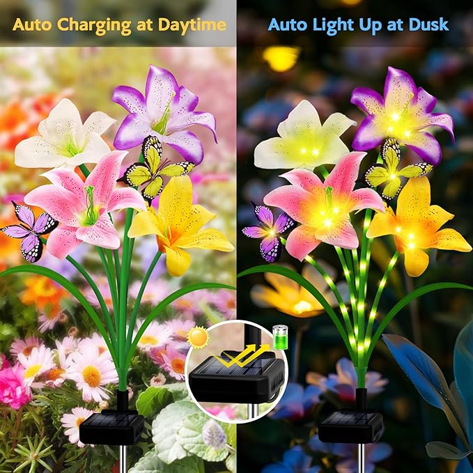 Solar Garden Lights 6 Pack 24 Lily Flowers with Butterfly Decor, Gifts for Mom Woman Birthday Solar Flower Lights for Outside,Cemetery Flowers for Grave - Decorative Lilies for Yard, Patio, Pathway