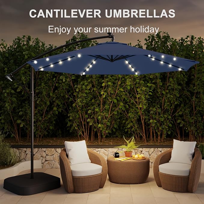 10FT 40-LED Solar Lighted Patio Umbrella with Base Included, Outdoor Offset Cantilever Umbrella, Infinite Tilt, UV Protection for Backyard, Lawn, Garden & Pool