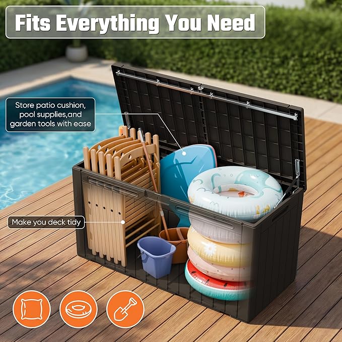 Greesum 110 Gallon Outdoor Storage Box with Lockable Lid, All-Weather Solution for Patio Furniture, Pool Supplies & Garden Tools, Waterproof, UV-Resistant Large Deck Box, Brown
