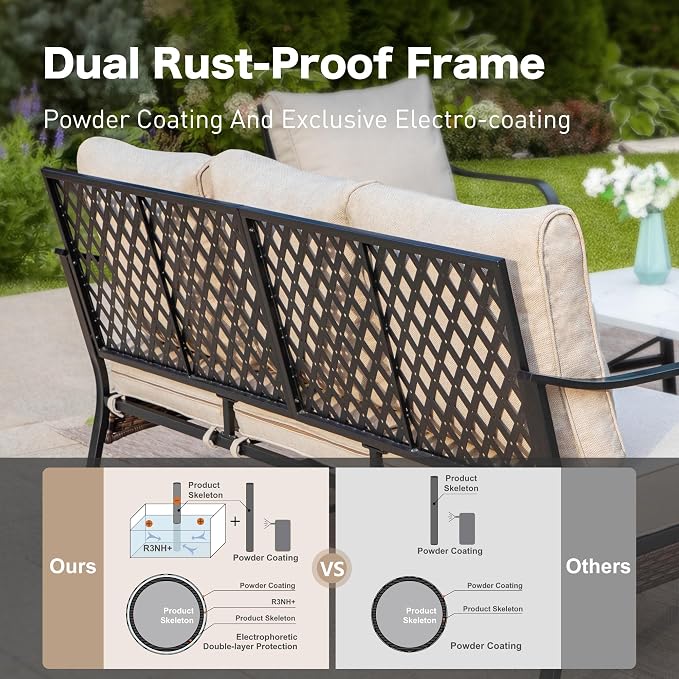 SUNSHINE VALLEY 5 Piece Metal Outdoor Patio Furniture Sets with Firepit Table, Patio Conversation Sets 1 3-Seater Sofa, 1 2-Seater Loveseat, 2 Single Sofa with 5.75" Cushion for Backyard Deck, Beige