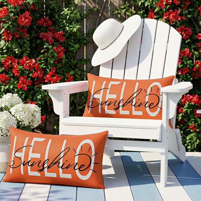 Lewondr Waterproof Outdoor Throw Pillow Cover, 12×20", Orange | 2 Pack, Hello Sunshine Printing, Summer Garden Decor, For Patio Sofa, Balcony Couch, Bench Porch