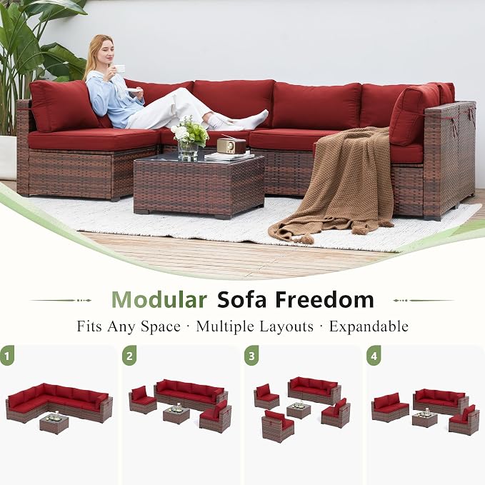 Amopatio Patio Furniture Set Modular Outdoor Sectional 7 Piece Wicker Patio Set, Multiple Combinations Outdoor Sofa w/Coffee Table, Waterproof Cover Included, Burgundy