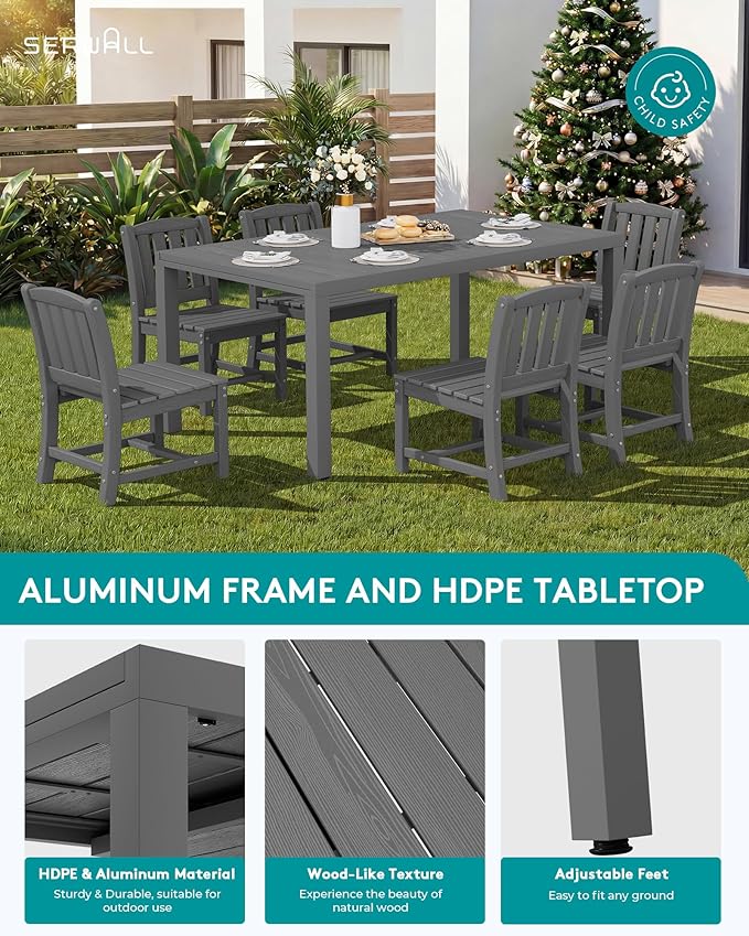 SERWALL 9-Piece Outdoor Dining Set, 60" - 83" Expandable Outdoor Dining Table and 8 HDPE Chairs, All Weather HDPE Outdoor Furniture Set for Backyard, Garden, Grey