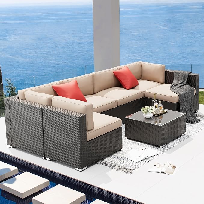 SUNCROWN 7-Piece Outdoor Patio Furniture Sofa Set All-Weather Black Wicker Sectional Conversation Set with Modern Glass Coffee Table and Cushions, Backyard, Garden, Poolside, Brown