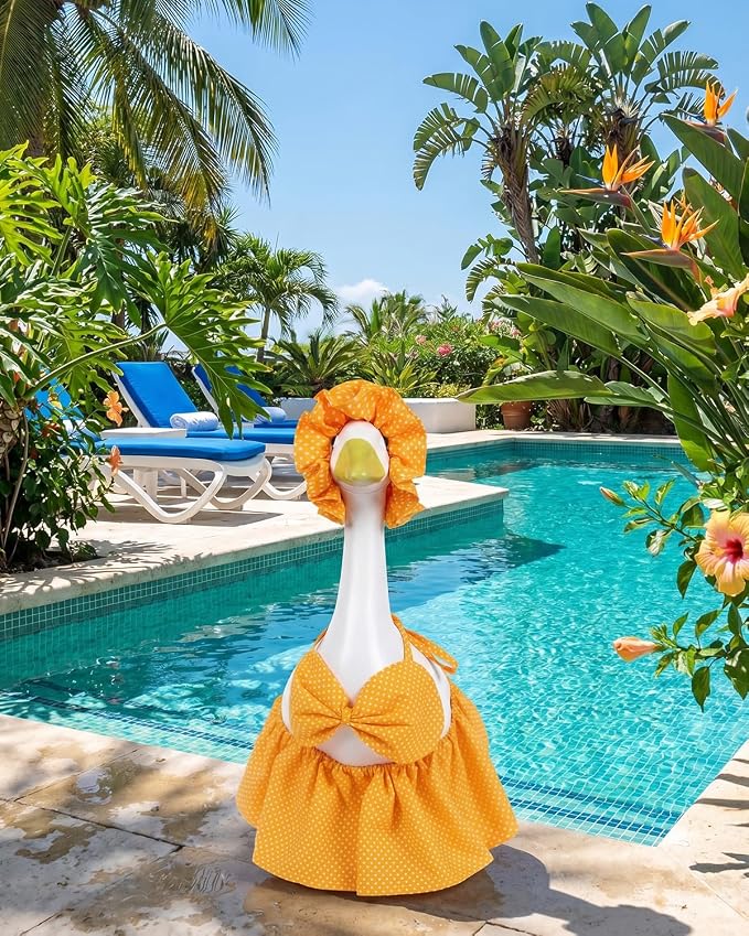 Summer Porch Goose Outfits Bikini with Sun Hat, 23" Yellow Polka Dot Hawaiian Swimsuit Lawn Cement Goose Clothes, Cute Porch Goose Swimsuit for Garden Decor, Best Gift for Mom Grandma