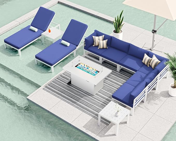 RADIATA 11 Pcs Oversized Contemporary Aluminum Patio Furniture Set, All Weather Modular Sectional Sofa with Tanning Chair & Fireplace, 500 lbs Heavy Duty Comfy Outdoor Couch for Beach Deck, Navy Blue