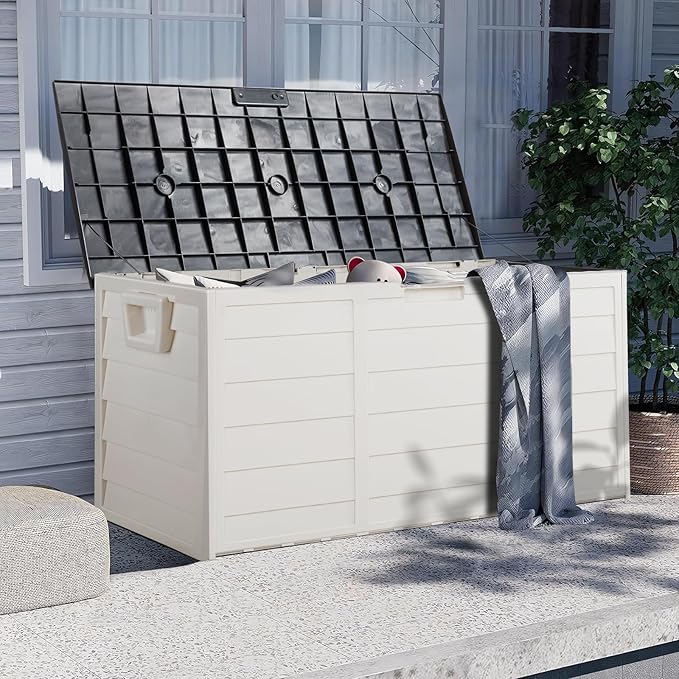 Large Outdoor Boxes for Garden Tools,75Gallon 280L Outdoor Garden Plastic Deck Box Chest Tools Cushions Lockable Seat,Patio Furniture Cushions, Pool Supplies,Black&White