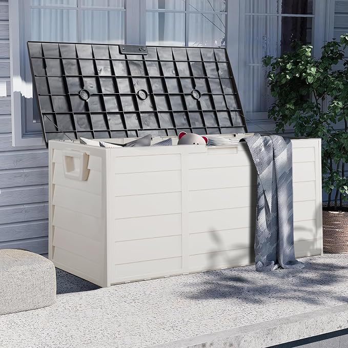 VINGLI 75 Gallon Outdoor Storage Box, Patio Deck Box Furniture with Lockable Design, Plastic Storage Containers with Lid for Garden | Pool | Balcony | Yard, White