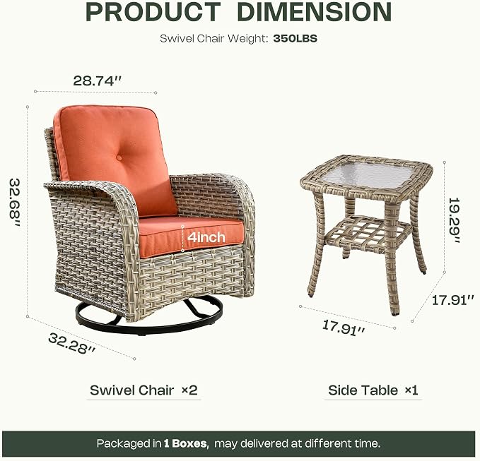 Outdoor Swivel Rocking Chair Set of 2 with Coffee Table, Wicker Patio Glider Chairs with 4 Inch Thick Cushions, 350lbs Capacity High Back Rattan Furniture Set for Sunroom and Small Spaces, Red