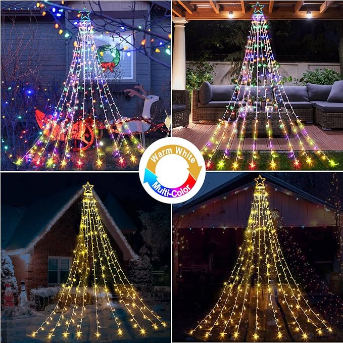 Christmas String Lights 320 LED Christmas Decorations Star Waterfall Lights with 11 Modes Remote Control for Tree Wall Yard Wedding Party (Warmwhite+Multicolored)